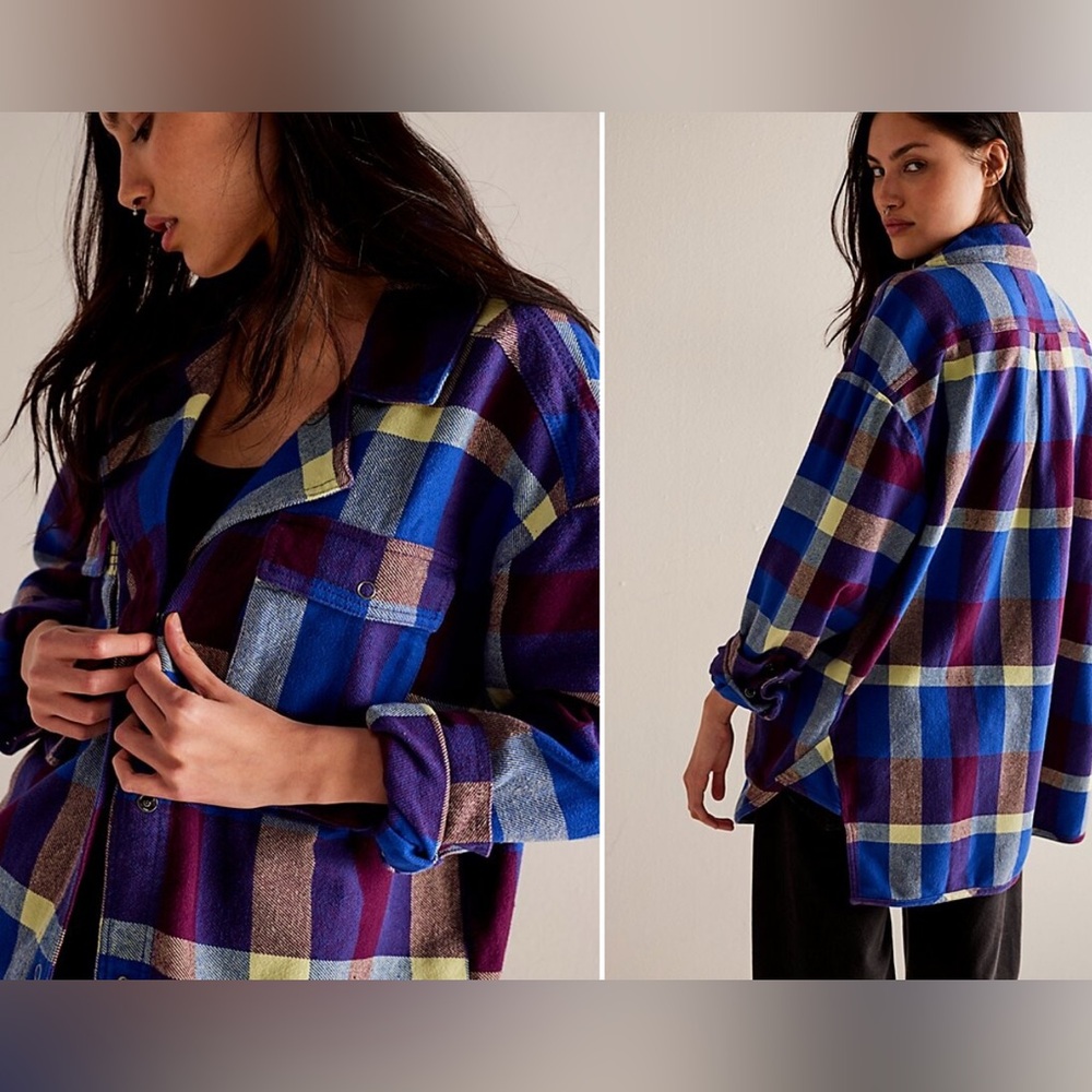 We The Free Plaid Button-Up Shirt Jacket in Blue, Purple, Yellow